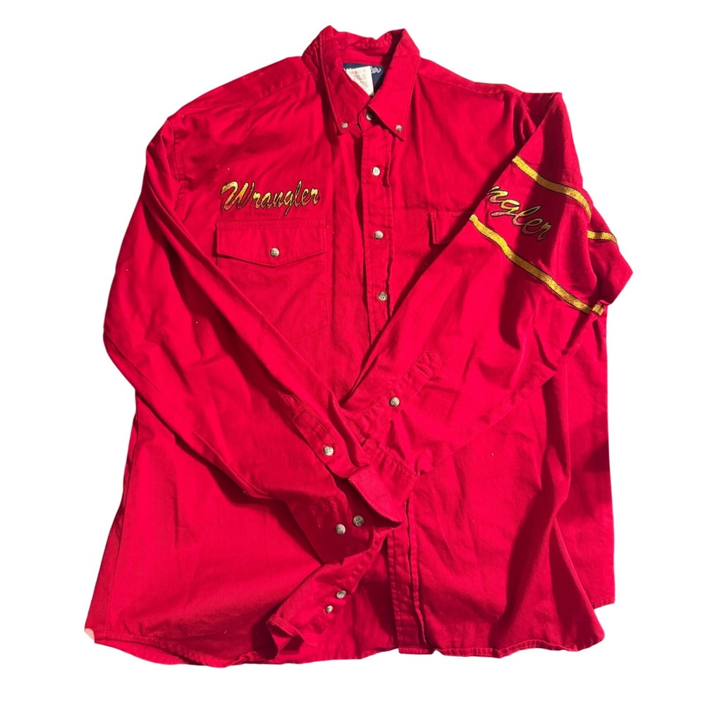 Vintage Wrangler Men Red Cotton Western Shirt XL Embroidered Logo Long Sleeve 90